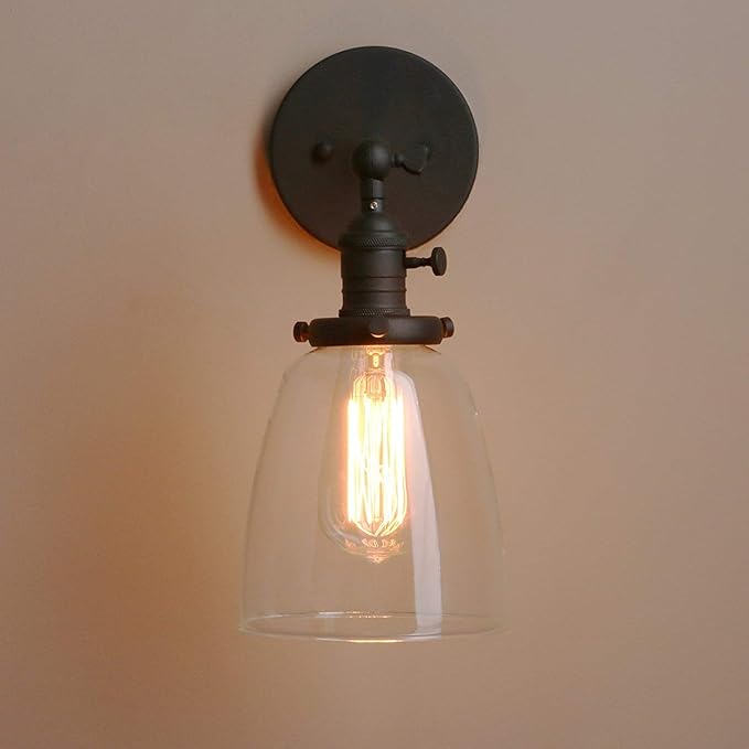 Pathson Loft Vintage Wall Light Dia 5.6" Wall Lamp with Oval Clear Glass Shade Design Vintage Industrial Home Wall Light Metal Base Cap Fixture Flush Mount Wall Sconce (Matte Black)