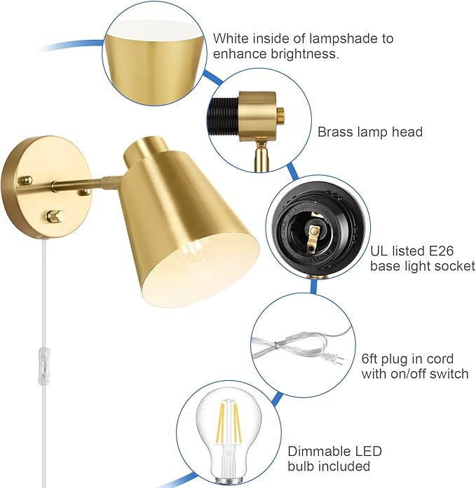 VATONI Plug in Wall Sconces, Dimmable Wall Sconces Adjustable Angle Wall Lights with Plug in Cord and Dimmer On/Off Knob Switch, Gold Wall Mounted Light for Bedroom Bedside Stairway(2 Pack, 2 Bulbs)