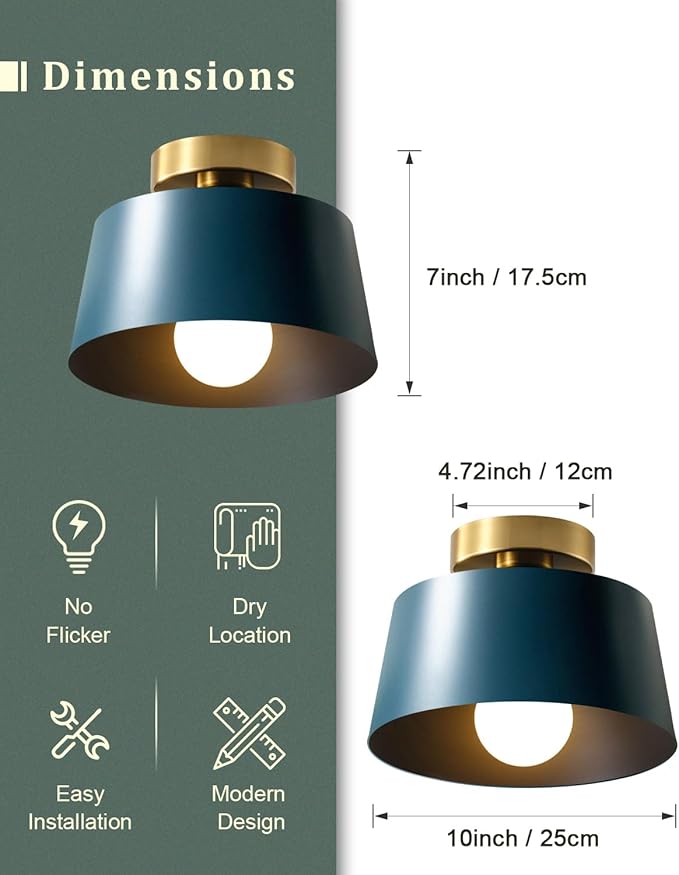 Ceiling Light Fixture, Hallway Ceiling Light with Gold Plate and Matte Black Shade, Modern Simple Style Porch Light Fixtures Semi Flush Mount (Blue)