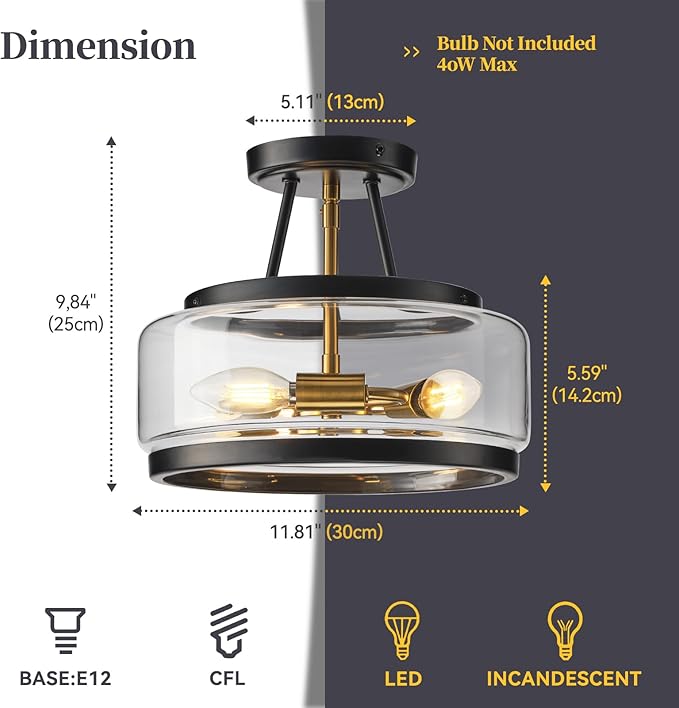 Black Gold Semi Flush Mount Ceiling Light, 3-Light Modern Industrial Drum Light Fixture with Clear Glass Shade, 12" Farmhouse Close to Ceiling Lamp for Hallway, Bedroom, Entryway, Kitchen, E12 Base