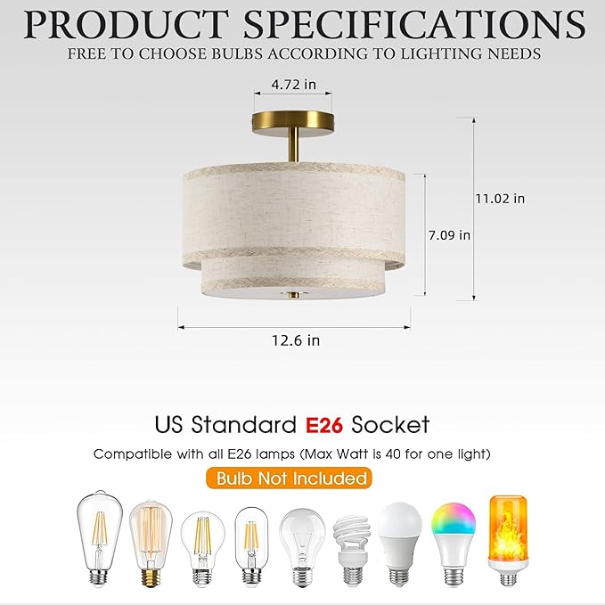 Semi Flush Mount Ceiling Light Fixture,12.6'' Gold Light Fixtures Ceiling Mount, Gold Drum lamp Close to Ceiling Light with 2-Layer Linen Shade, Ceiling Lights for Bedroom Hallway Living Room