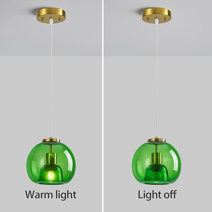 Green Glass Pendant Lights Kitchen Island Gold Hanging Light Fixture Glass Globe Pendant Light Modern Pendant Lighting for Kitchen Island Bedroom Dining Room (7.87", 1 Pack)