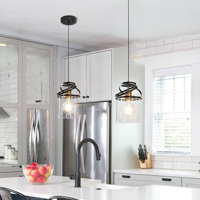 Black Kitchen Pendant Lighting over Island, Modern Glass Pendant Lighting, Hanging Lights for Living Room Set of 2, Pendant Lights Kitchen Island 2 Pack, Pendant Lamp for Dining Room, Hallway, Sink