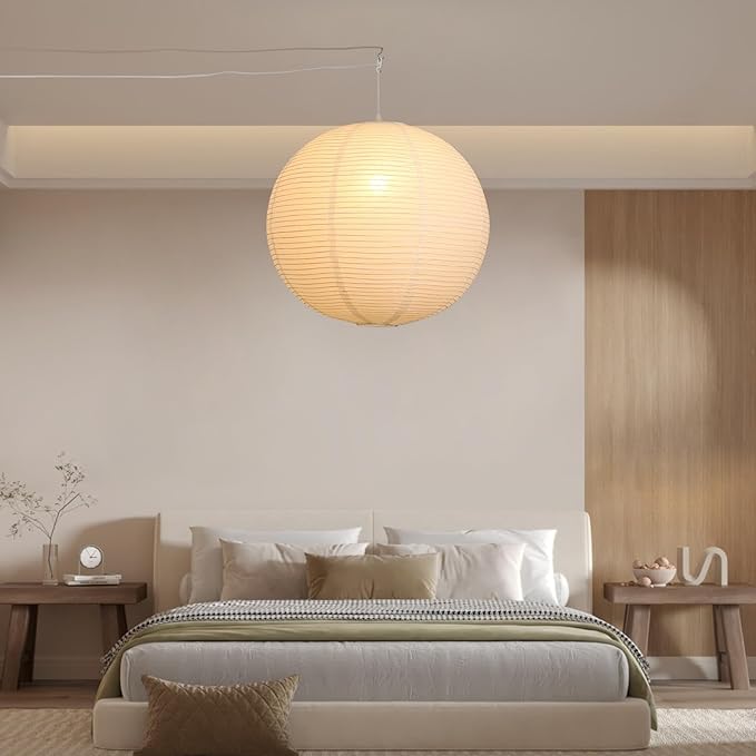 Paper Lantern Lamp Plug in Hanging Lamp 23.6in White Rice Paper Pendant Light with 19.7FT Cord Large Globe Japanese Japandi Wabi Sabi Chandelier for Dining Living Room Bedroom Office 1 Pack