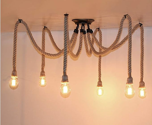 Pendant Light Hemp Rope Chandelier Vintage Ceiling Light Industrial Iron Metal Ceiling Lamp Edison E27 Loft Retro Style 6 Heads