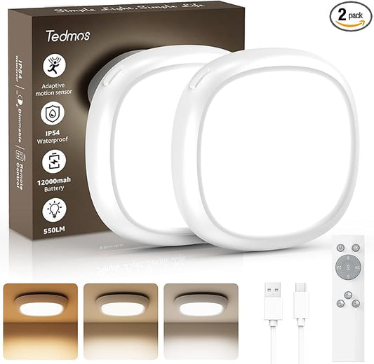 2 Pack Rechargeable Shower Lights for Inside Shower, 12000mAh Motion Sensor Wireless Ceiling Light with Remote No Wiring, Battery Operated Closet Lights Cordless LED Overhead Lighting Bathroom Garge