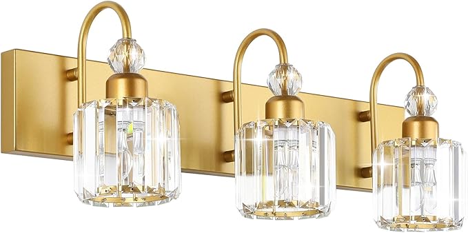 Ralbay Gold Bathroom Vanity Lights 3-Lights Gold Crystal Vanity Lights Over Mirror Modern Crystal Bathroom Vanity Lighting Fixtures