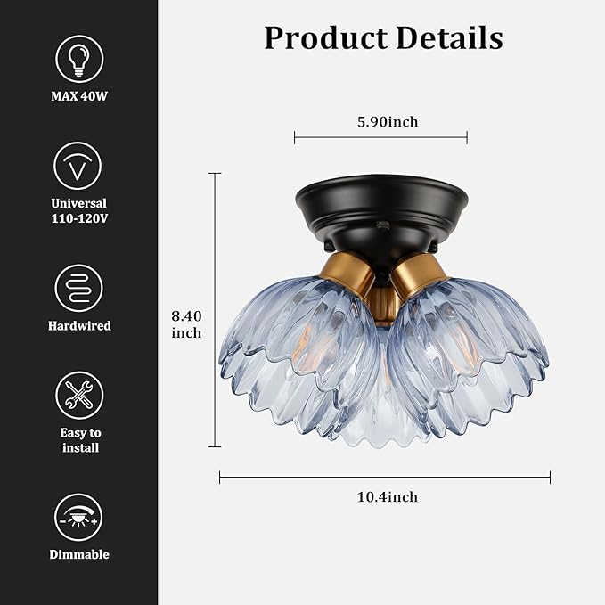 TALOYA Semi Flush Mount Ceiling Light,3-Light Close to Ceiling Light Fixtures with Blue Tulip Glass Shades Modern Farmhouse Lighting Fixtures for Hallway Corridor Kitchen Bathroom Bedroom Passway