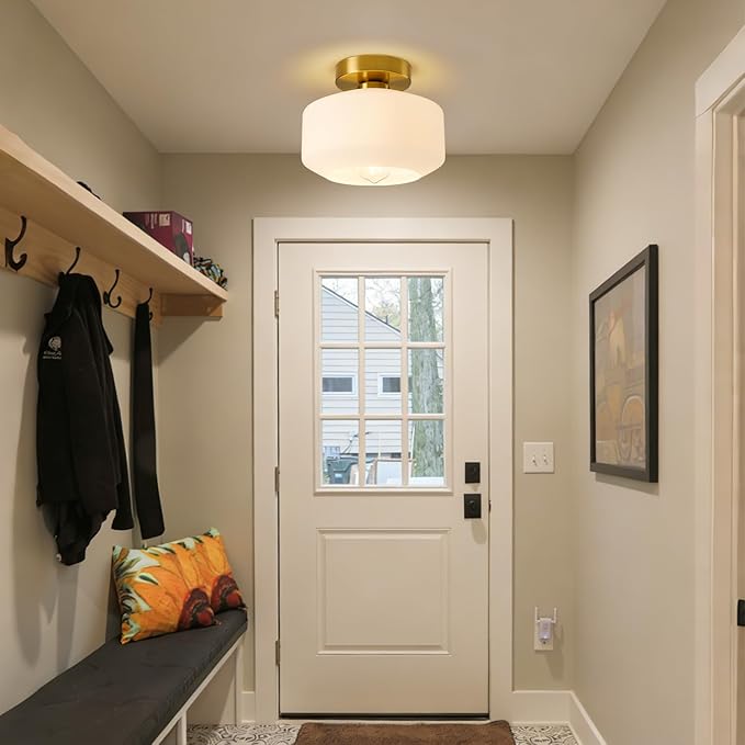 Lynnoland Industrial Semi Flush Mount Ceiling Light Brushed Gold, Milky White Glass Shade Ceiling Light Fixture,Brushed Gold Light Fixture for Hallway Bathroom Bedroom, Vintage Hanging Light Fixtures
