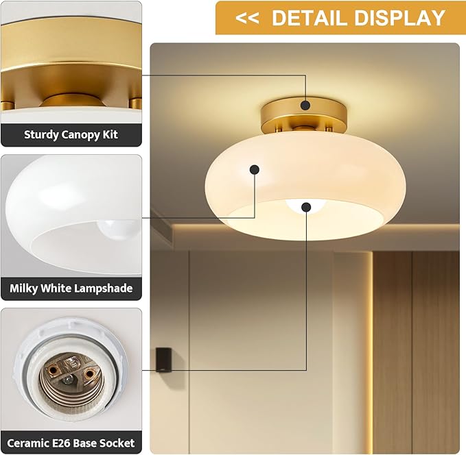 Mid-Century Modern Gold Semi Flush Mount Ceiling Light,White Glass Dome Hallway Lighting Fixtures, Metal Close to Ceiling Lamp for Entryway Bathroom Kitchen Bedroom Porch Foyer Office(11 Inch)