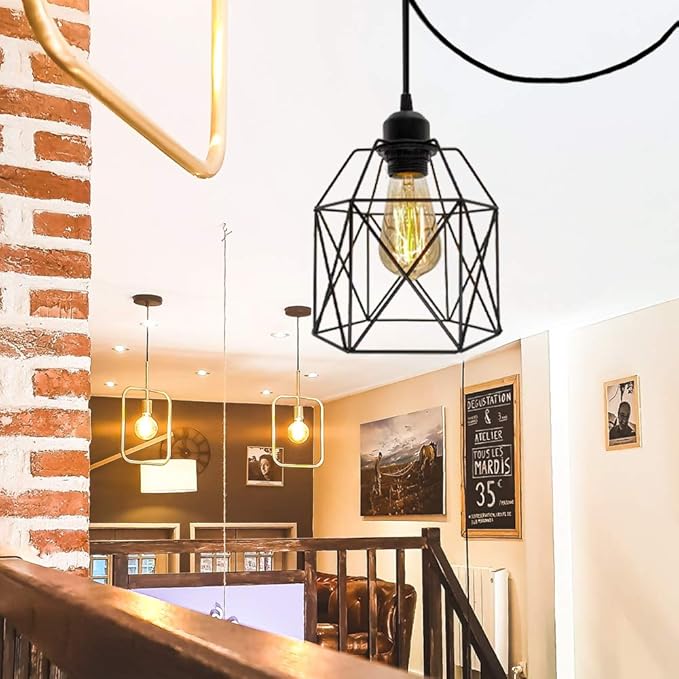 OmiSun Industrial Plug in Pendant Light, Black Cage Pendant Light Fixture with On/Off Switch, E26 Socket Vintage Hanging Light, Farmhouse Pendant Lighting for Kitchen Living Room Dining Room