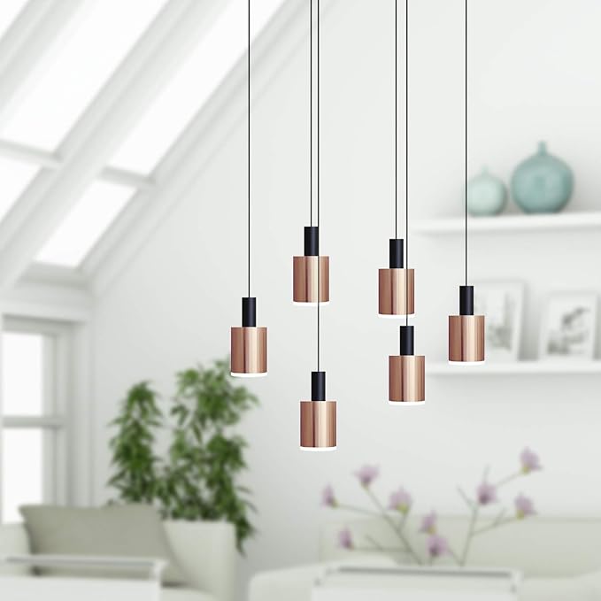 Virgo 6 Mini Pendant Lighting Black-Copper - LED Hanging Light Fixture for Kitchen Island, Bar, Foyer - Cluster Pendants - Dimmable, Adjustable Wire, Lamp Bulb Included