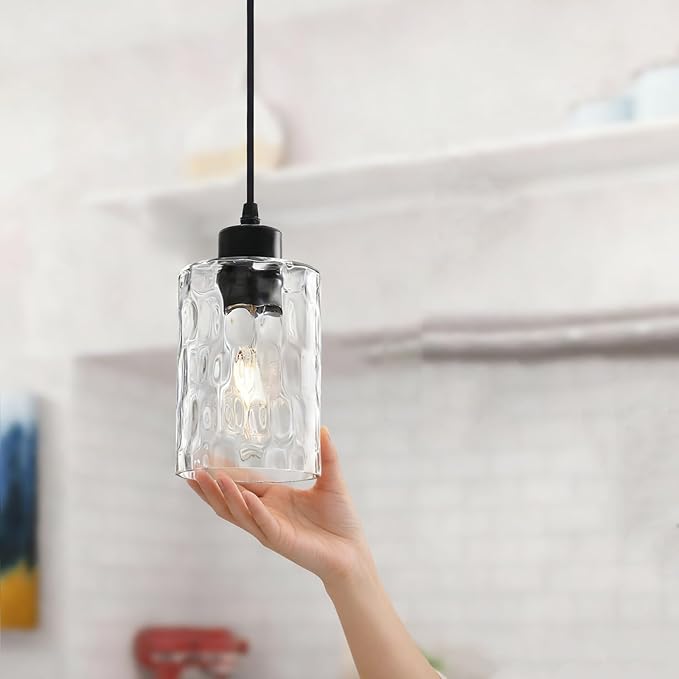3 Pack Black Modern Pendant Light Fixtures, Adjustable Hanging Lighting with Hammered Glass Lampshade, Black Kitchen Island Pendant Lights for Dining Room Kitchen Living Room Bedroom Foyer
