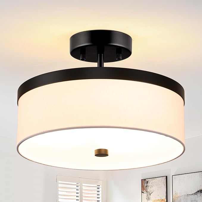 Semi Flush Mount Ceiling Light,12”Hallway Light Fixtures with White Fabric Shade,3-Light Black Modern Drum Flush Mount Ceiling Light for Bedroom,Hallway,Kitchen Island,Laundry