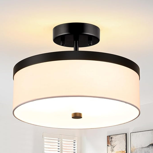 Semi Flush Mount Ceiling Light,12”Hallway Light Fixtures with White Fabric Shade,3-Light Black Modern Drum Flush Mount Ceiling Light for Bedroom,Hallway,Kitchen Island,Laundry