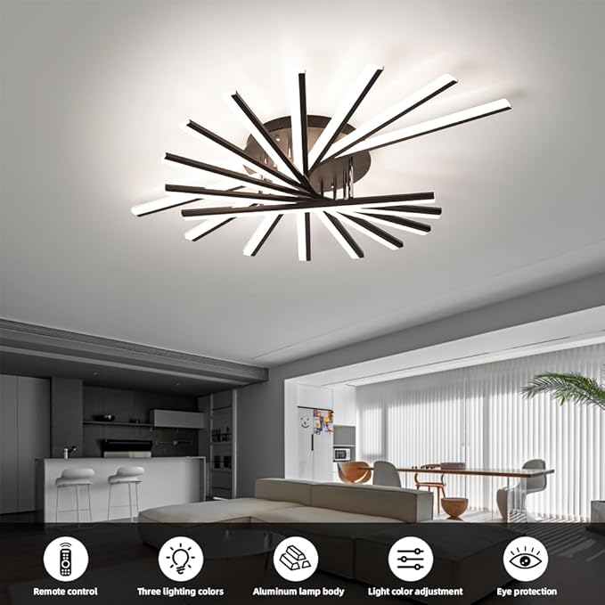 JAYMP 9 Lights Linear Modern Ceiling Lamp 45.3 inch Dimmable Led Semi Flush Mount Black Ceiling Light Fixture for Bedroom Dining Room Kitchen Island Living Room