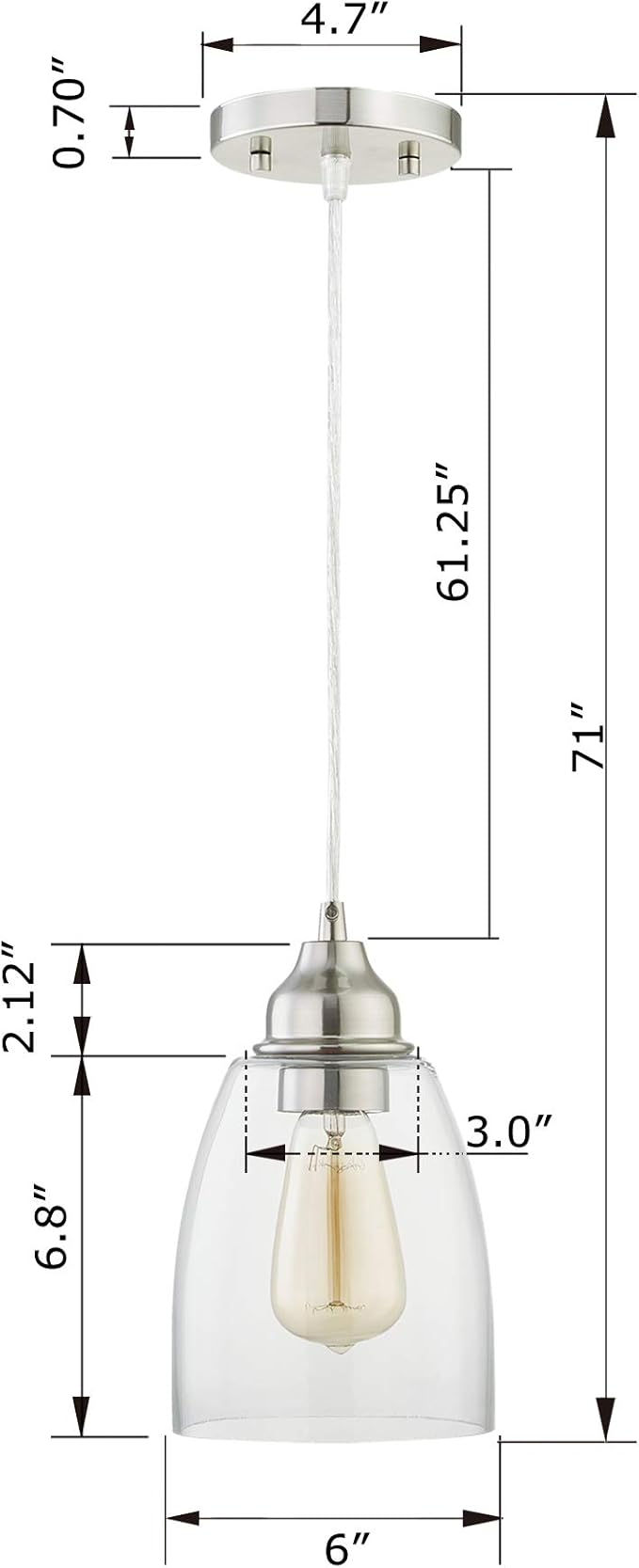 WISBEAM Brushed Nickel Pendant Lighting Fixture, Kitchen Island Hanging Lights with E26 Medium Base Max. 60 Watts, ETL Rated, Bulbs not Included, 2-Pack