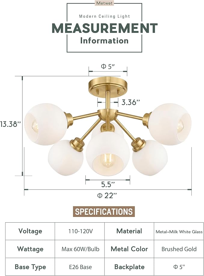 6-Light Semi Flush Mount Ceiling Light, 22" Modern Light Fixtures Ceiling Mount with Globe Milk White Glass Shade, Brushed Gold Light Fixtures for Kitchen Entryway Bedroom, SM195-BG-ML-6