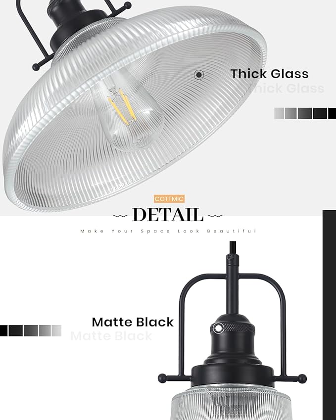 Black Glass Pendant Lights Kitchen Island 2 Pack, 12-inch Ribbed Glass Kitchen Pendant Lights, Farmhouse Pendant Lighting Over Island, Sink, Bar, Vintage Pendant Light for Dining Room