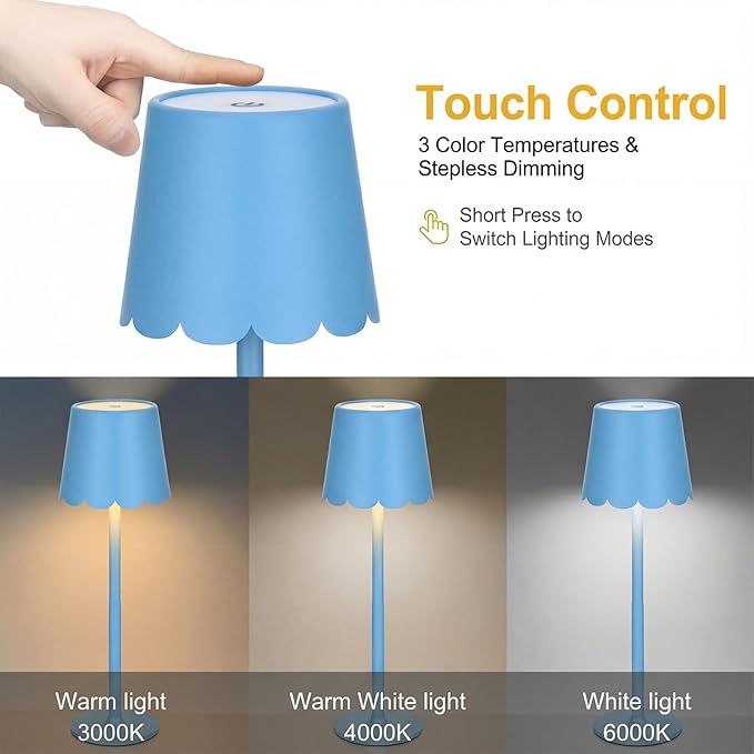 Pickmesh 1 Pack Scalloped Touch Cordless Table Lamp Rechargeable 4000mah Battery 3 Color Stepless Dimmable Portable LED Desk Light for Mahjong Gift Bedroom Wedding Bars Outdoor Party Home Decor(Blue)