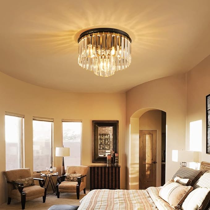 AGV LIGHTING Crystal Ceiling Light Fixture, Modern Semi Flush Ceiling Light, D12 x H8, E12 Base 3-Lights, Black Finish