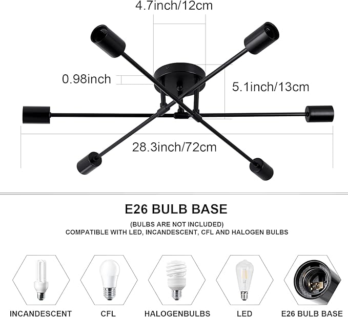 6-Light Sputnik Chandeliers, Black Modern Semi Flush Mount Ceiling Light with E26 Base, Mid Century Industrial Vintage Kitchen Farmhouse Light Fixtures for Dining Room Bedroom Living Room