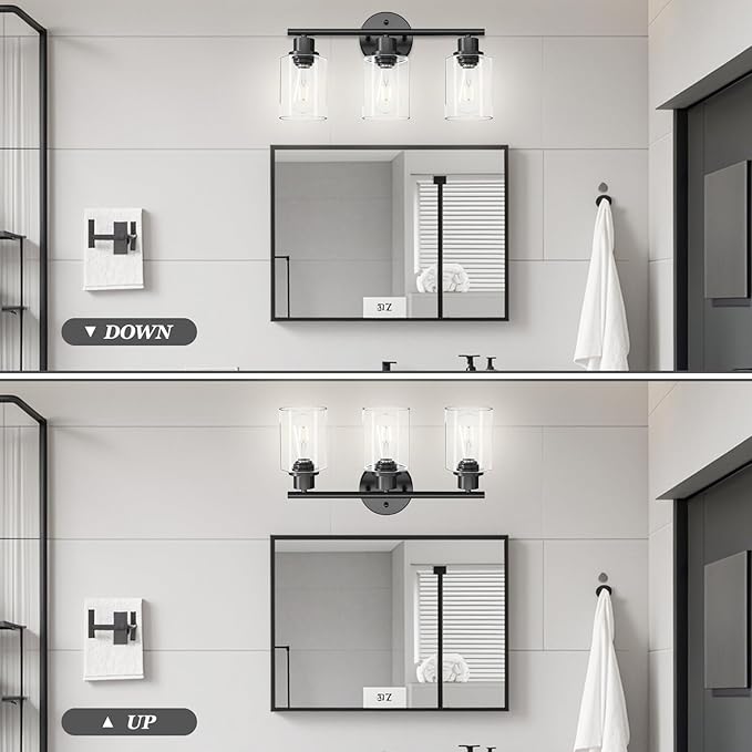 3-Light Black Vanity Lights, E26 Modern Bathroom Light Fixtures with Clear Glass Shade, Wall Lamps for Mirror Kitchen Hallway Cabinet Living Room Sconces Lights