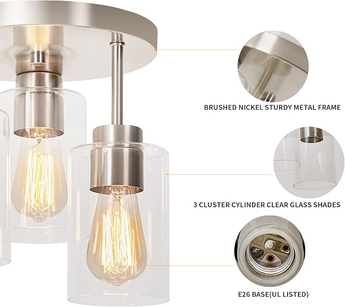 Semi Flush Mount Ceiling Light 3-Light Brushed Nickel Flush Mount Ceiling Light Fixtures with Clear Glass Shade, Modern Kitchen Ceiling Light for Bedroom Stairs Porch Hallway Entryway