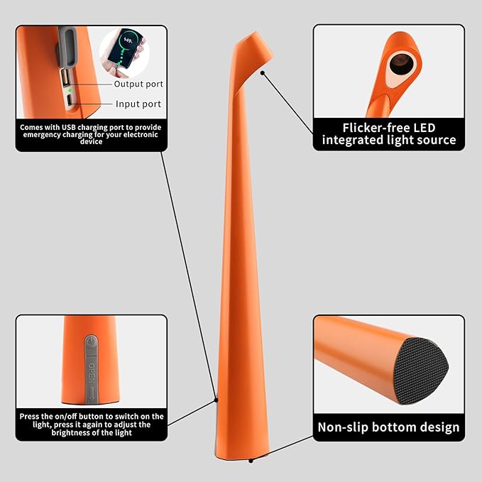 HAPYGI Portable Cordless LED Desk Lamp, Rechargeable Wireless Table Lamp, 3-Level Brightness, Patio & Bedside Night Light, Dining Room Ambient Reading Light (Orange)