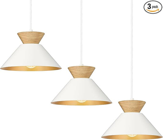 ELYONA 3 Pack Modern Pendant Light Fixtures Solid Wood Ceiling Hanging Lamp Matte White Metal & Gold Inner Finish Nordic Pendant Light for Farmhouse Kitchen Island Dining Room Bedroom Living Room