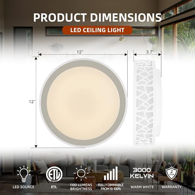 Light Fixtures Ceiling 2 Pack, 12 inch 15W 1100 Lumens Flush Mount Lights, Dimmable 3000K Warm White, ETL Listed for Kitchen, Hallway, Bedroom, Stairways (Metal Body and Acrylic Shade)