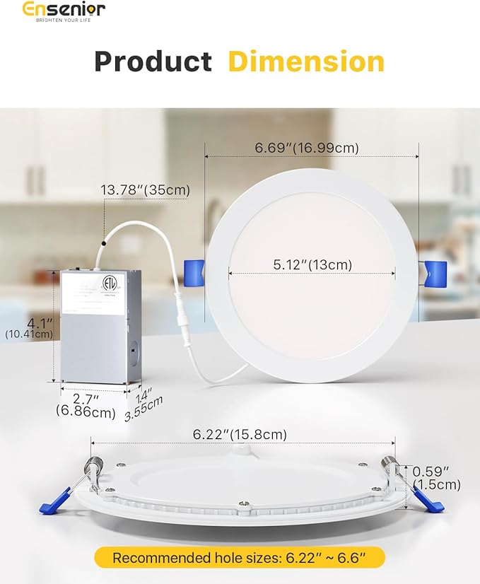 Ensenior 12 Pack 6 Inch Ultra-Thin LED Recessed Light with Junction Box, 2700K-6000K Selectable, 12W 110W Eqv, Dimmable, 1050LM High Brightness - ETL Certified