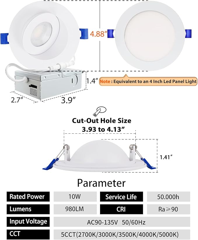 Adetu 4 inch Gimbal Led Recessed Lights, 360°+90° Adjustable Directional Recessed Lighting, 2700K/3000K/3500K/4000K/5000K Dimmable Remodel Eyeball Canless Downlight with Jbox,ETL (White,8 Pack)