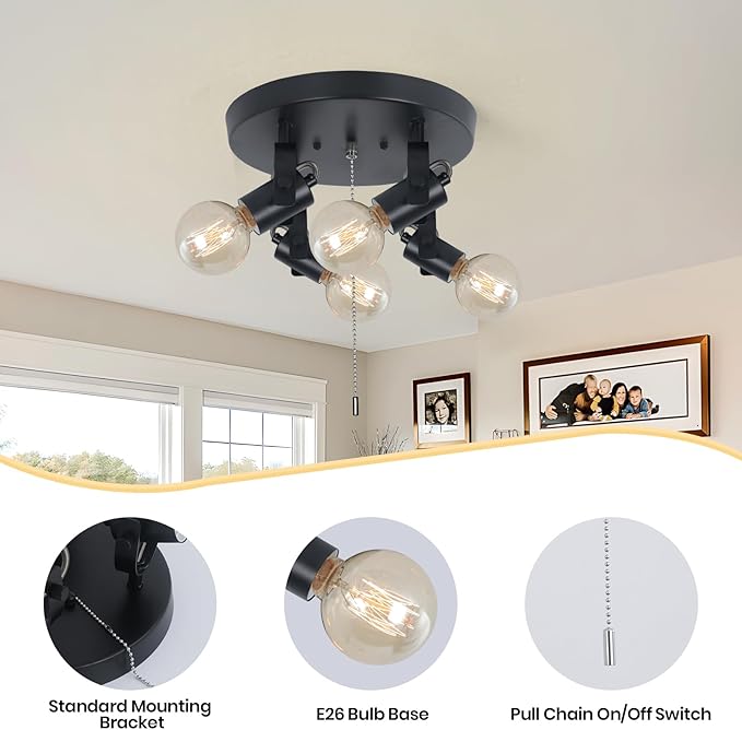 SEEBLEN 4 Light Flush Mount Ceiling Light with Pull Chain, Industrial Kitchen Ceiling Light with Rotatable Light Head,Black Pull Chain Ceiling Spotlight for Bedroom Hallway Kitchen Laundry