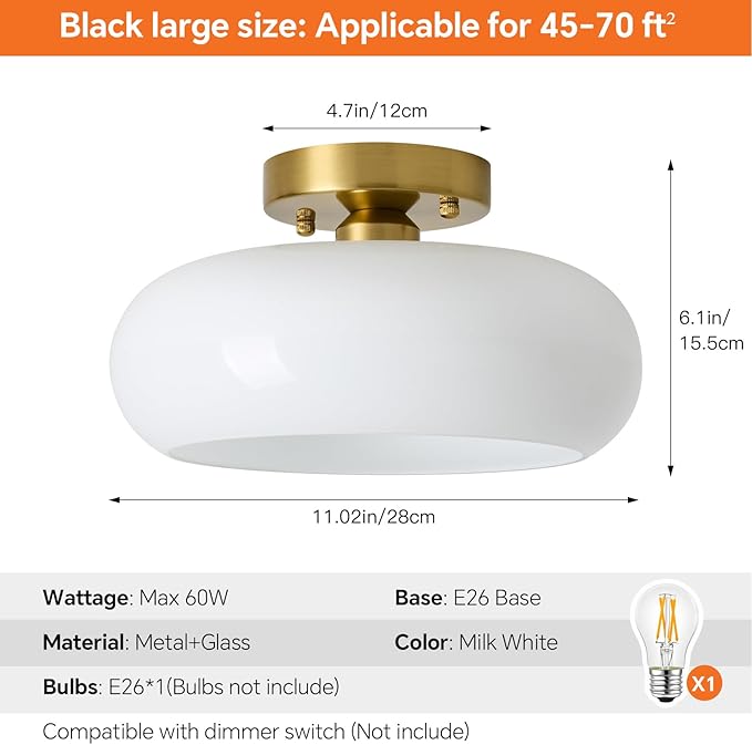 Semi Flush Mount Ceiling Light, Mid Century Modern Gold Light Fixture with Milk Glass Shade 11.02''Vintage Ceiling Lamp for Entryway Hallway Foyer, Laundry Room, Schoolhouse