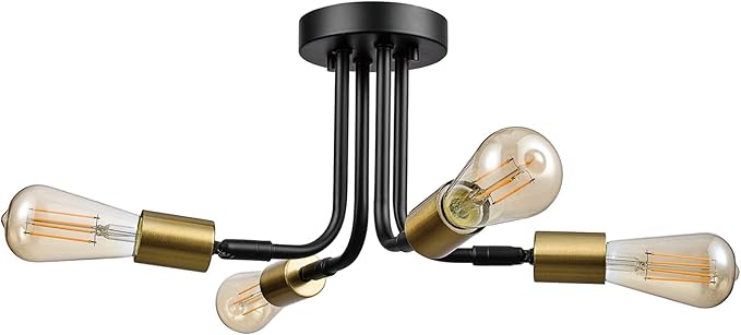 GLOBE Electric 66000072 4-Light Adjustable Socket Semi-Flush Mount Ceiling Light, Matte Black, Matte Brass Accents, Ceiling Light Fixture, Home Improvement, E26 Base, Pivot Joint, Exposed Socket