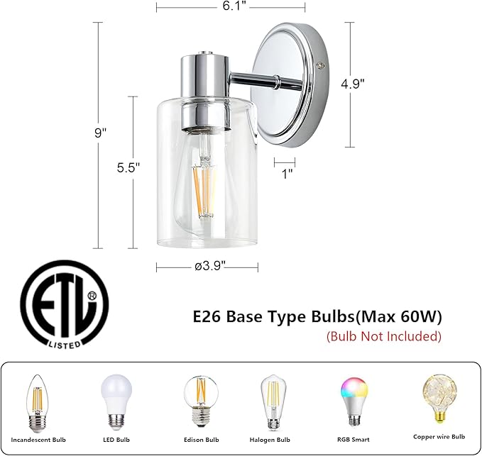 2 Light Bathroom Wall Sconce Light Fixtures with Clear Glass Bathroom Wall Lights Over Mirror Vanity Lights Chrome with E26 Base