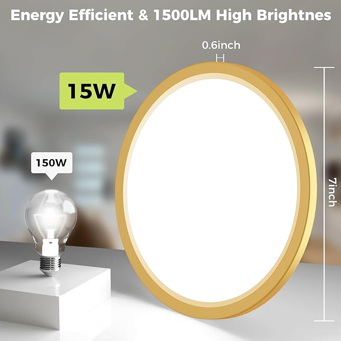 hepside LED Flush Mount Ceiling Light Fixture Golden, 7Inch 15W, Dimmable&3000K-6500K Adjustable Low Profile Ceiling Lights, 1500LM Round Lamp for Bathroom, Bedroom, Closet, Kitchen, Hallway