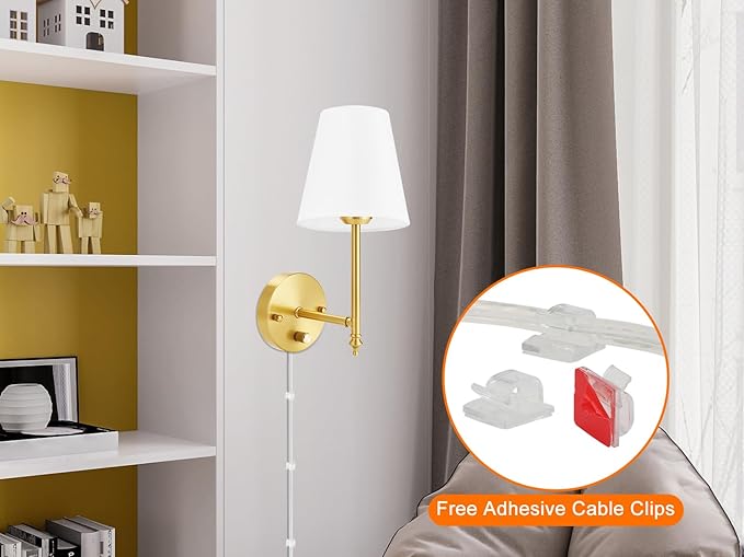 Wall Sconces Set of Two with Remote Control, Dimmable, Adjustable Colors 2700-6500K, Plug in Wall Sconces with White Fabric Shades, Plug in Wall Light, Gold