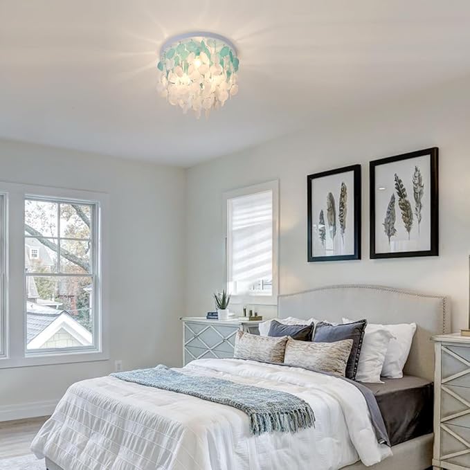 13.8" Capiz Shell Ceiling Light Fixtures 3 Lights Boho Shells Flush Mount Light for Bedroom, Kitchen Island, Bathroom, Entryway, Hallway, White and Blue
