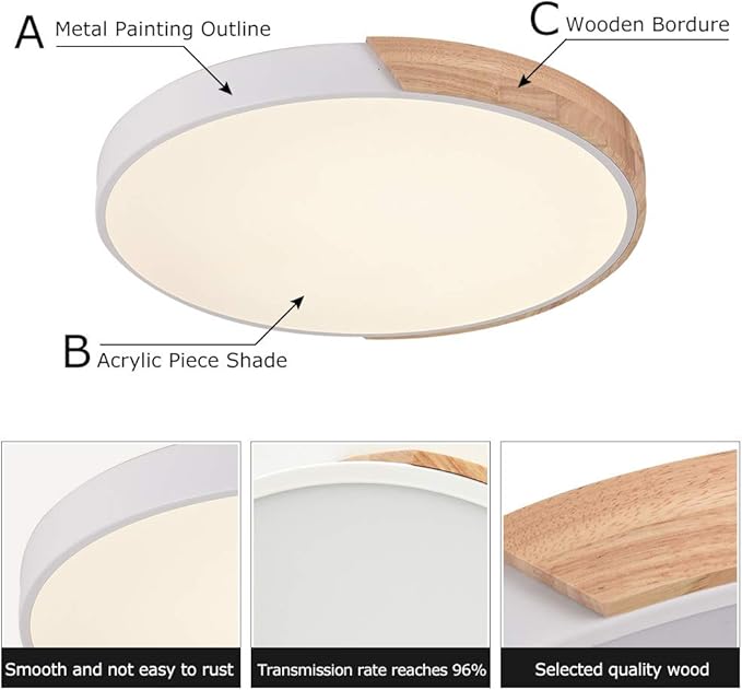 EDISLIVE Modern Minimalist LED Round Shaped Flush Mount Ceiling Light with Remote Control - Dimmable, Wood & Metal & Acrylic, 19 Inch, White