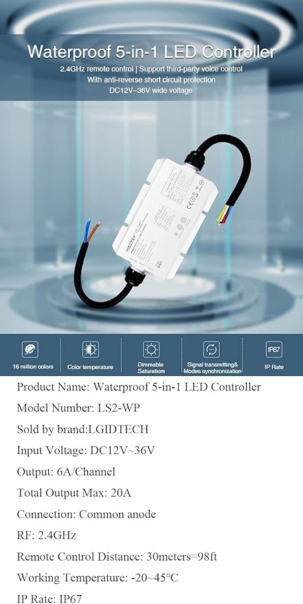 LGIDTECH LS2-WP LED Strip Lights 5 in 1 Controller,IP67 Waterproof,Compatible with Single Color,RGB,RGBW,WW+CW Dual White Temperature,RGB+CCT LED Strip Lights