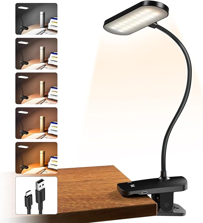 Clip on Desk Lamp, Battery Powered Reading Light with Strong Clamp - 5 Colors 5 Brightness, USB Rechargeable Portable Cordless Book Lamp for Bed Headboard Table Bedside Home Office