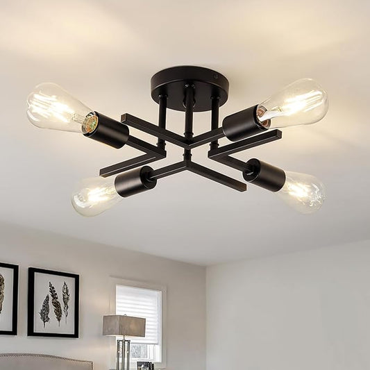 Industrial 4-Lights Semi Flush Mount Ceiling Light Fixture Modern Metal Black Sputnik Chandeliers with E26 Bulb Base Close to Ceiling Light for Kitchen Dining Room Living Room Hallway Bedroom Entryway