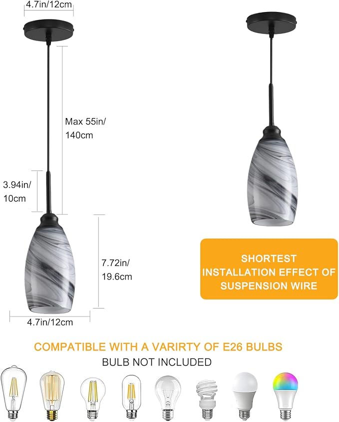 Industrial Pendant Light with Glass Shade Matte Black Pendant Lighting Adjustable Industrial Retro Style Hanging Light,Kitchen Island Farmhouse Pendant Lights Fixtures for Kitchen,Farmhouse