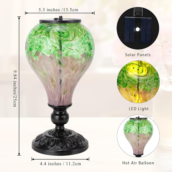 Outdoor Table Lamp Waterproof Glass Table Lamp 9.8" H Hot Air Balloon Solar Lamps Led Garden Lights for Patio Desk Garden Yard Tabletop Decor Ideal Gifts(Green)
