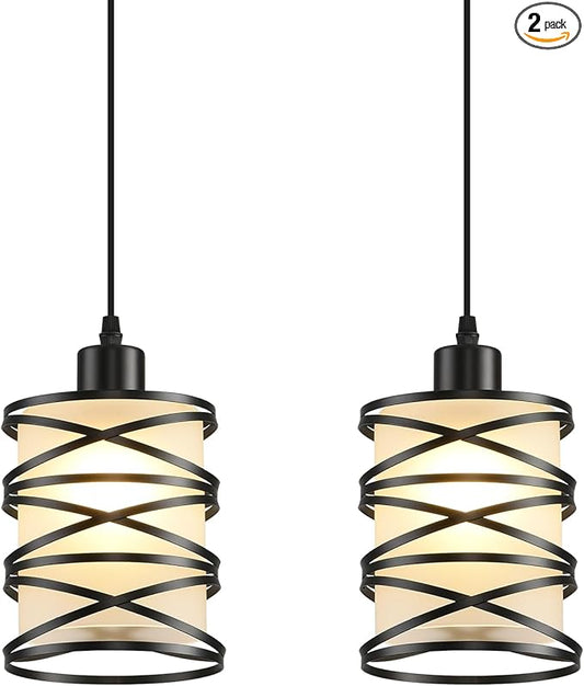 2 Pack Pendant Light Kitchen Island Pendant Lighting, Hanging Light with Spiral Cage Frosted Glass Shade, Black Modern Indoor Hanging Lamp
