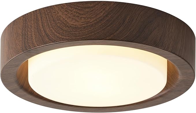 Walnut Wood Flush Mount Ceiling Light Fixture,13 Inch Ceiling Light with Frosted Glass Shade,High Deep Profile Round Ceiling Lights for Hallway Bedroom Closet Livingroom