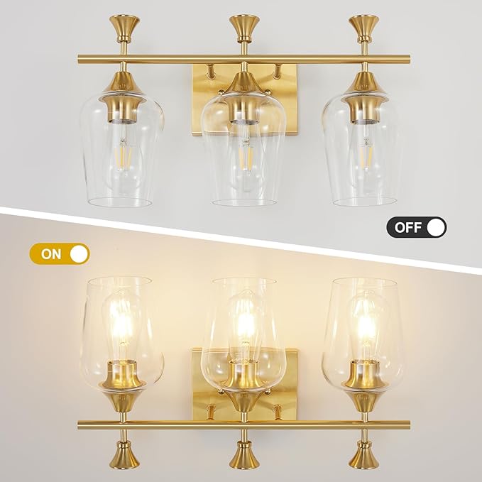 Bathroom Light Fixtures (3-Light, 19 Inch), Brushed Gold Vanity Lights for Bathroom with Clear Wine Glass Glass Shade, Modern Vanity Wall Lights for Mirror Bedroom Living Room Kitchen Hallway Porch