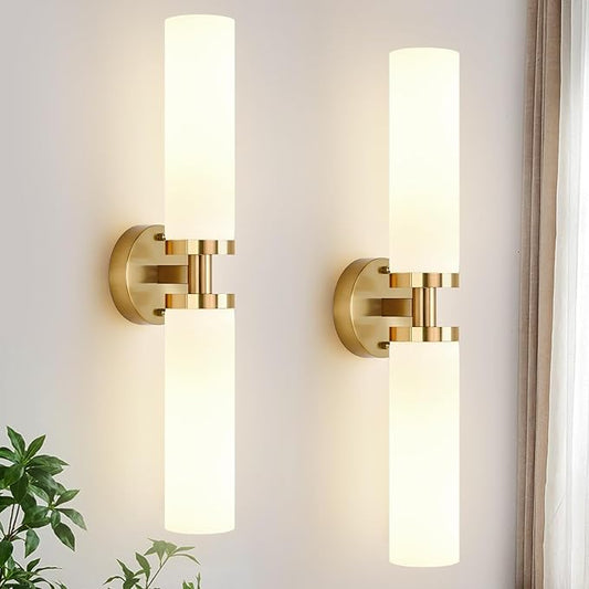 Wall Sconces Set of Two, Hardwired Brushed Gold Bathroom Sconces Wall Lighting with Milky White Glass, Modern Sconces Wall Decor Set of 2 Bathroom Light Fixtures for Mirror Living Room Hallway Bedroom